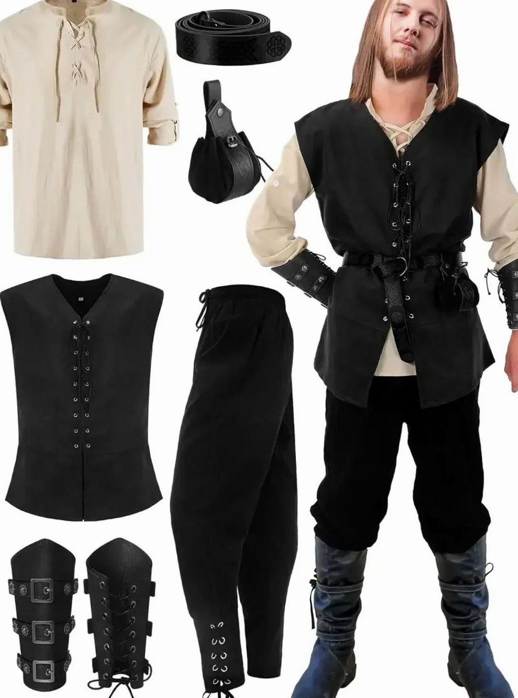 Herren Cargohose für Mittelalter-Kostüme in Beige-Schwarz-Weste