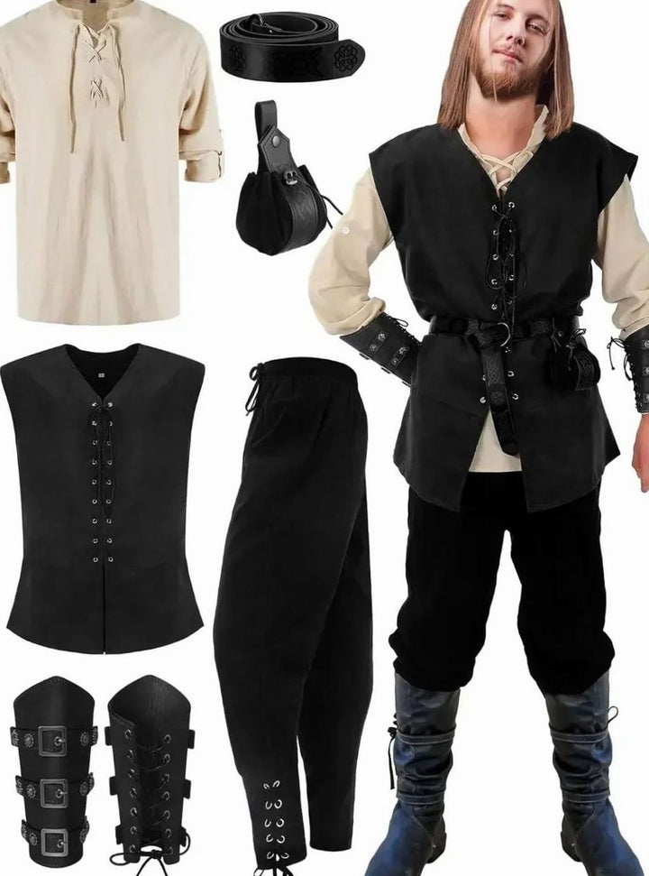 Herren Cargohose für Mittelalter-Kostüme in Beige-Schwarz-Weste