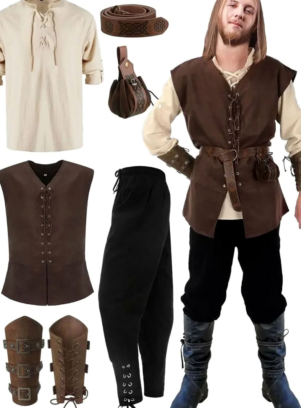 Herren Cargohose für Mittelalter-Kostüme in Beige-Schwarz