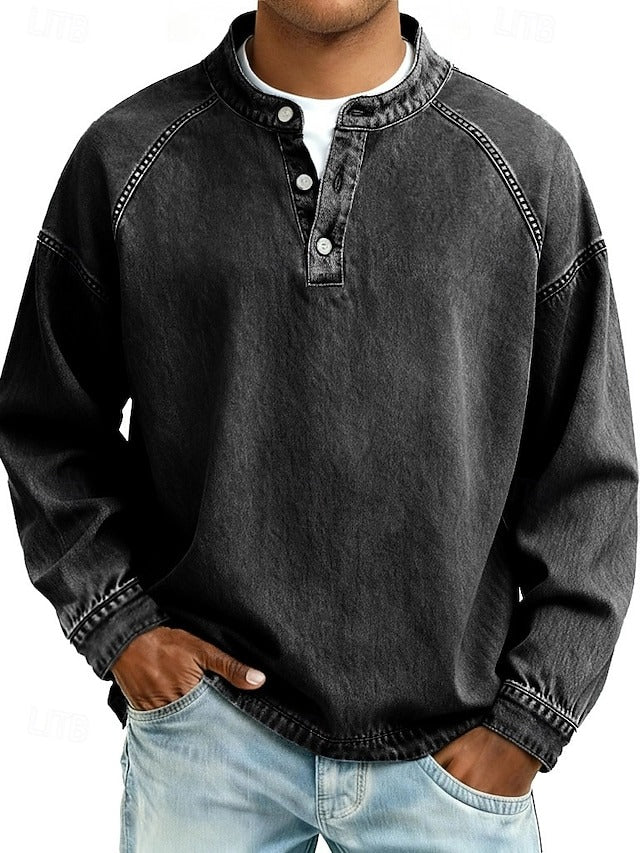 Herren Henley-Pullover im Vintage-Look für Alltag in Schwarz