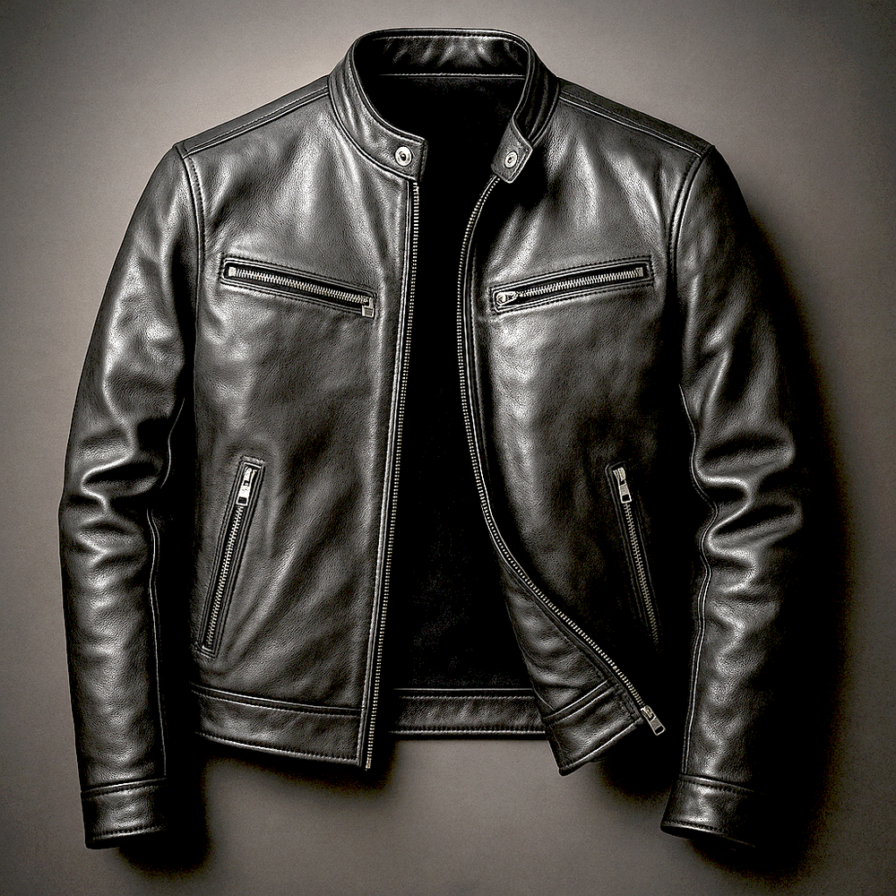 Herren Jacke mit Ledernähten im Blazer-Schnitt in Biker Schwarz