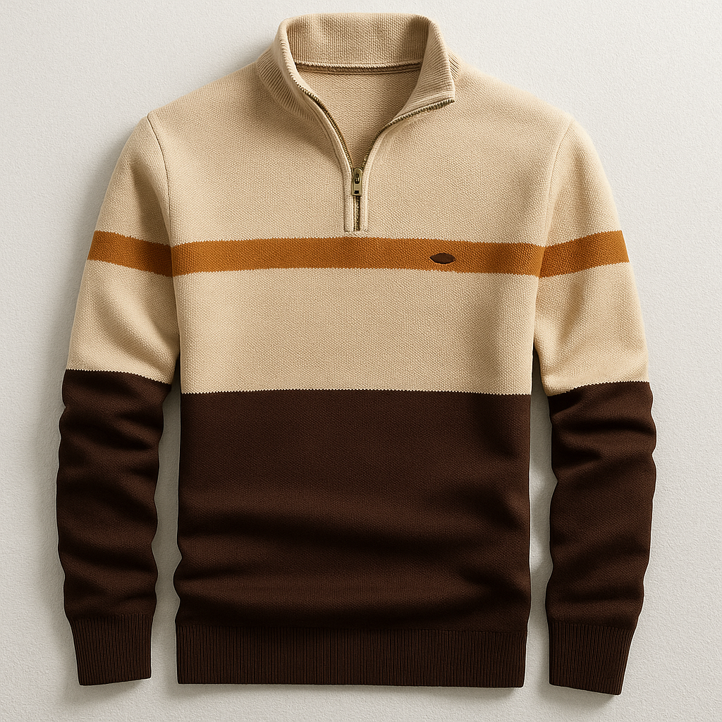 Herren Klassischer Baumwollpullover mit Viertelzip in Braun Creme