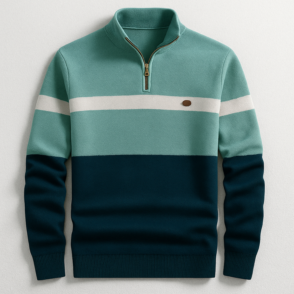 Herren Klassischer Baumwollpullover mit Viertelzip in Grün Marineblau