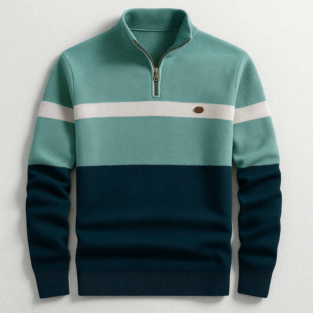 Herren Klassischer Baumwollpullover mit Viertelzip in Grün Marineblau