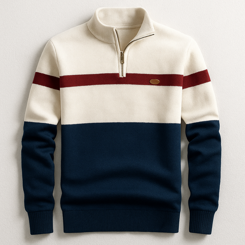 Herren Klassischer Baumwollpullover mit Viertelzip in Marineblau Weiß