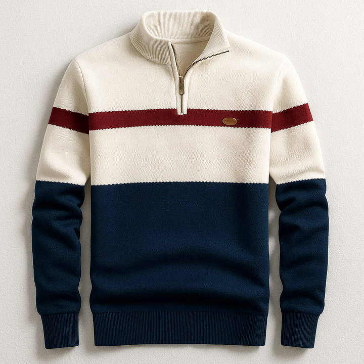 Herren Klassischer Baumwollpullover mit Viertelzip in Marineblau Weiß