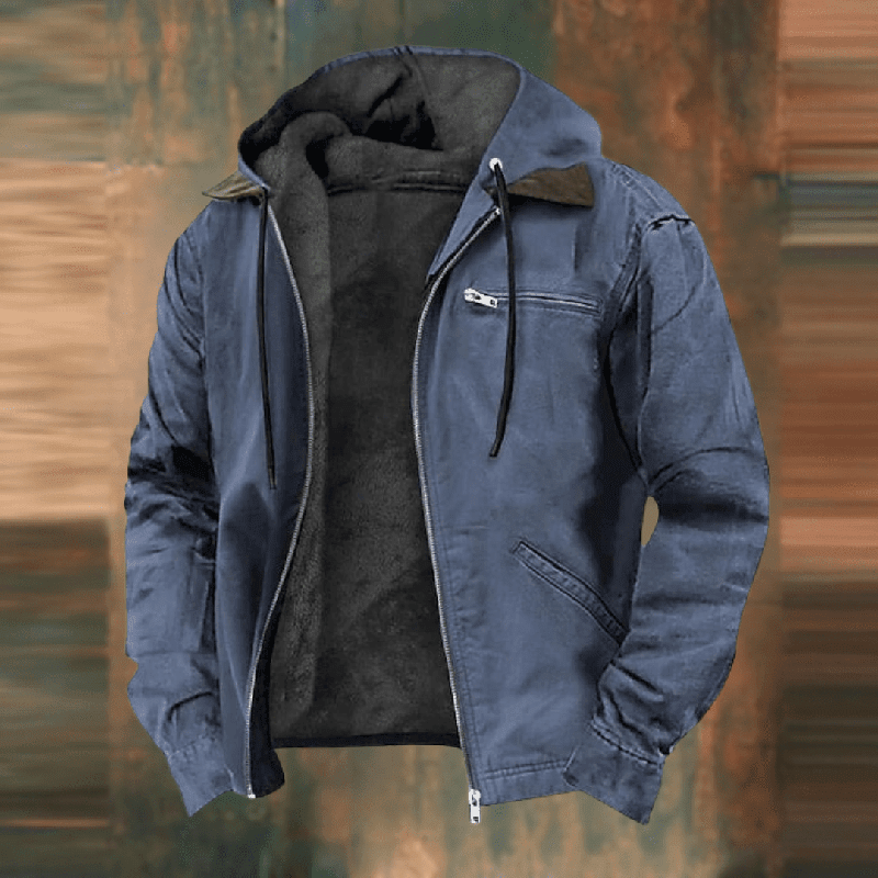 Herren Lederjacke im Urban-Stil mit Kapuze in Blau