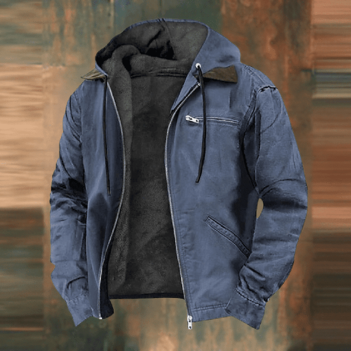 Herren Lederjacke im Urban-Stil mit Kapuze in Blau
