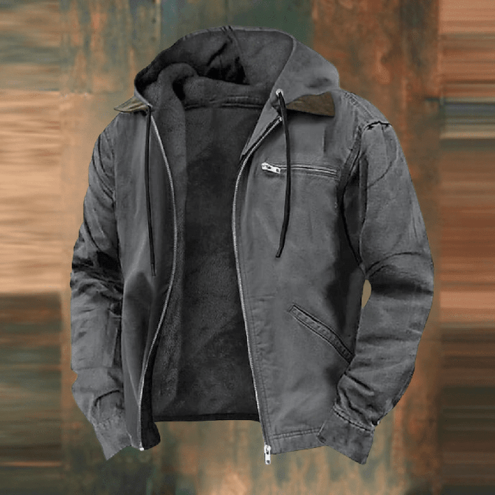 Herren Lederjacke im Urban-Stil mit Kapuze in Grau
