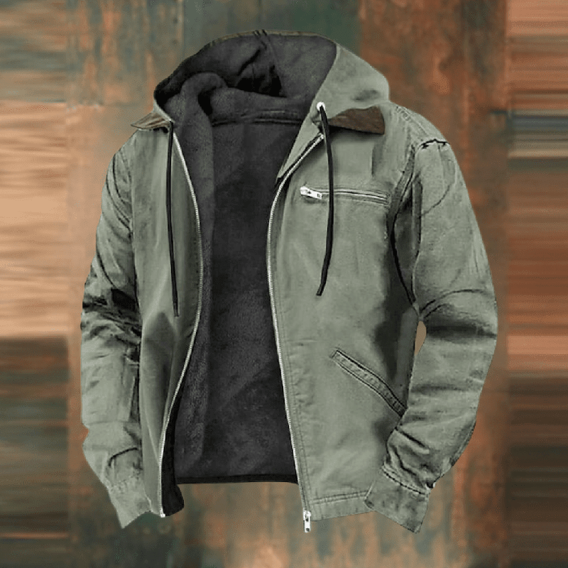 Herren Lederjacke im Urban-Stil mit Kapuze in Grün