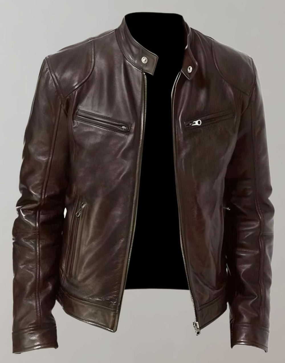 Herren Lederjacke mit Stehkragen im Slim-Fit in Braun
