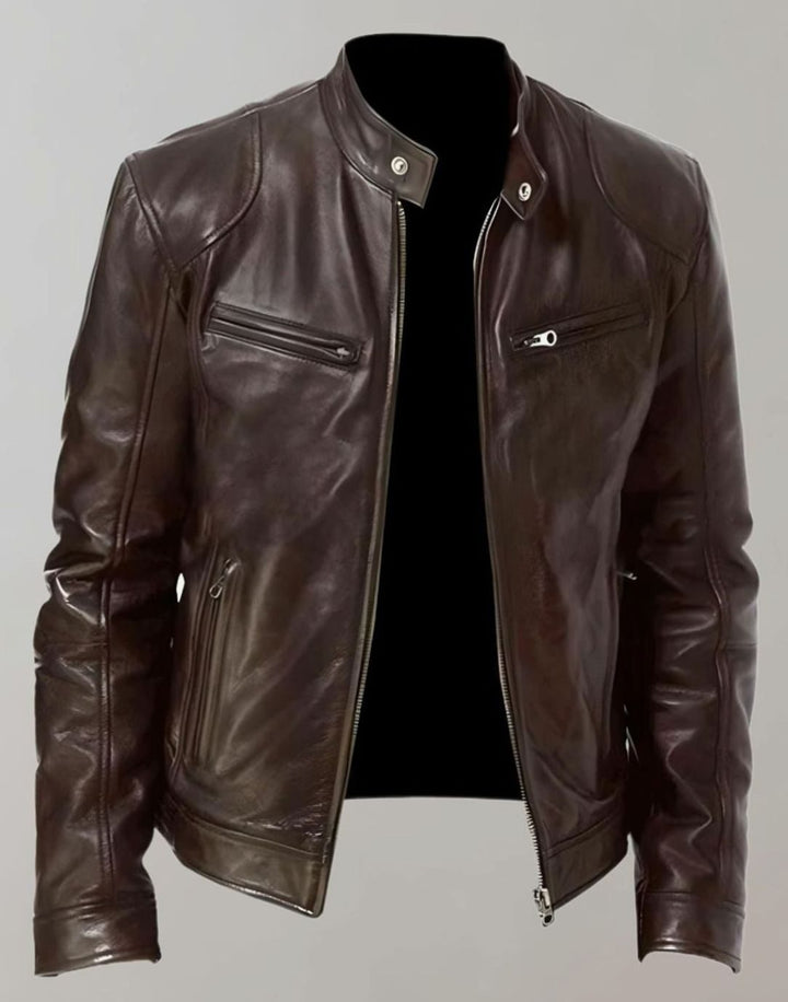 Herren Lederjacke mit Stehkragen im Slim-Fit in Braun