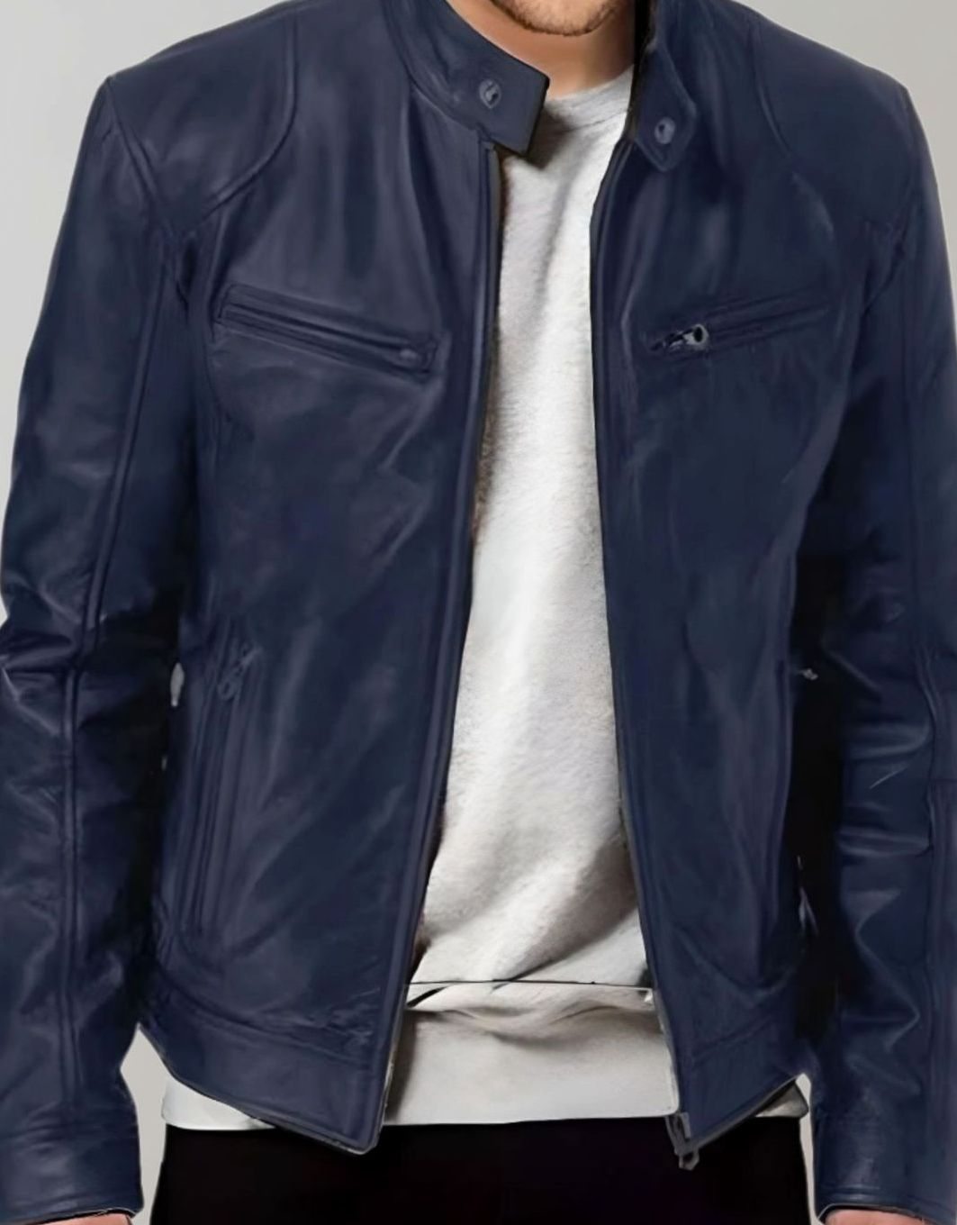Herren Lederjacke mit Stehkragen im Slim-Fit in Dunkelblau