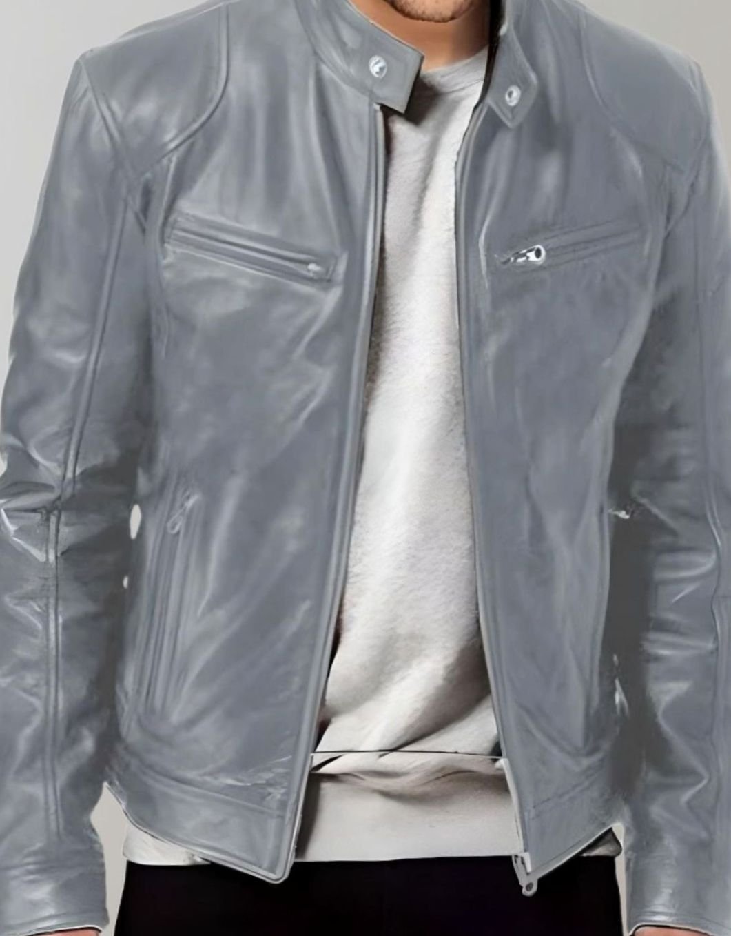 Herren Lederjacke mit Stehkragen im Slim-Fit in Grau