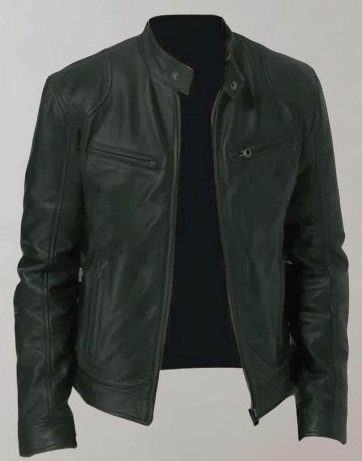 Herren Lederjacke mit Stehkragen im Slim-Fit in Grün
