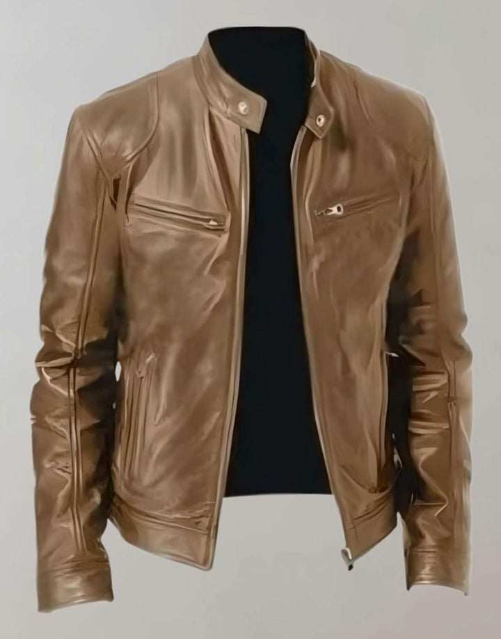 Herren Lederjacke mit Stehkragen im Slim-Fit in Khaki