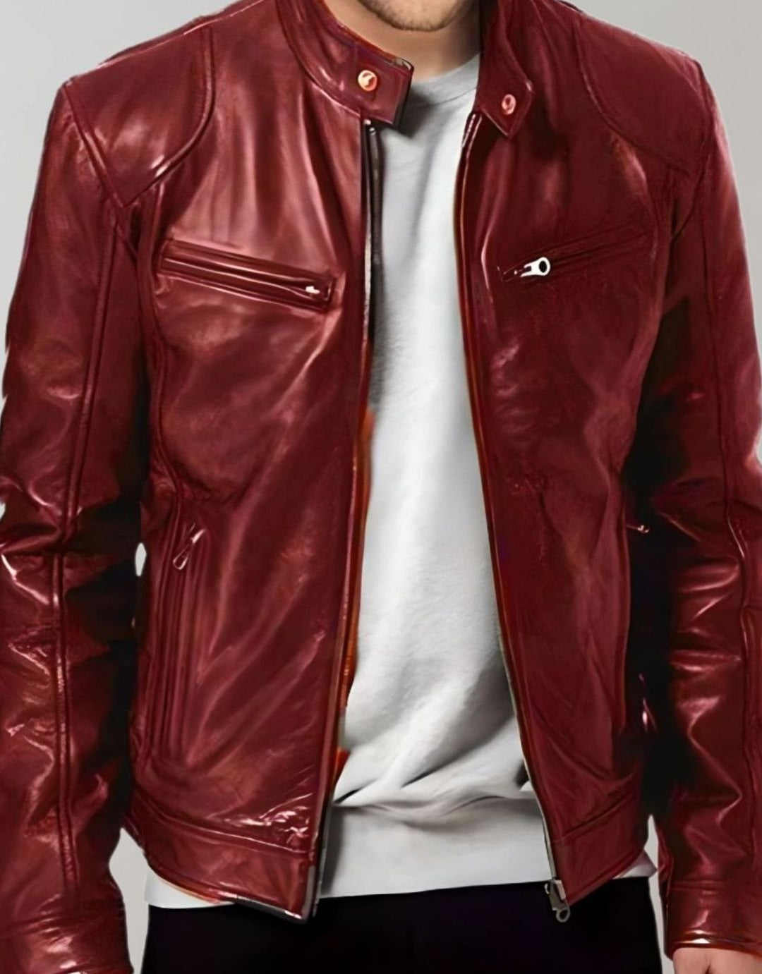 Herren Lederjacke mit Stehkragen im Slim-Fit in Rot