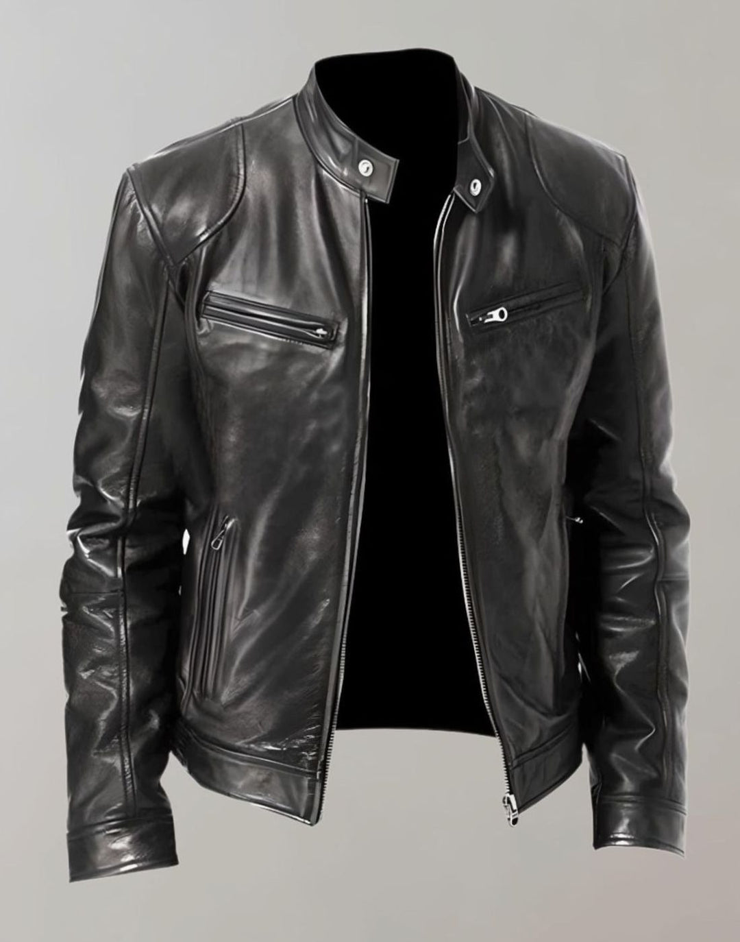 Herren Lederjacke mit Stehkragen im Slim-Fit in Schwarz