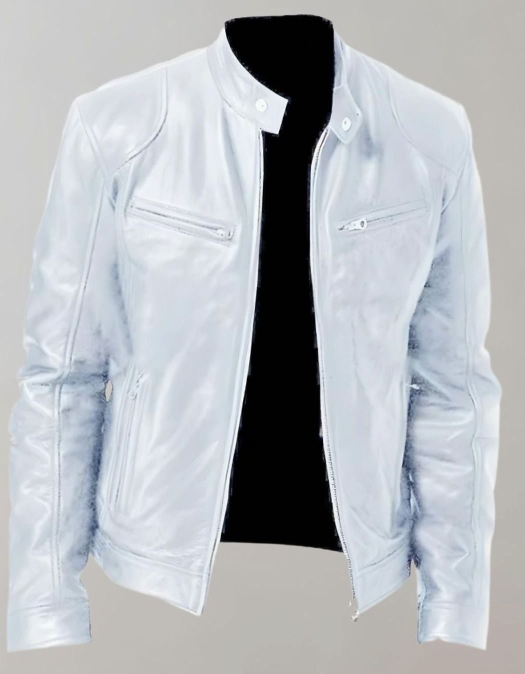 Herren Lederjacke mit Stehkragen im Slim-Fit in Weiß
