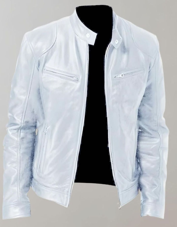 Herren Lederjacke mit Stehkragen im Slim-Fit in Weiß