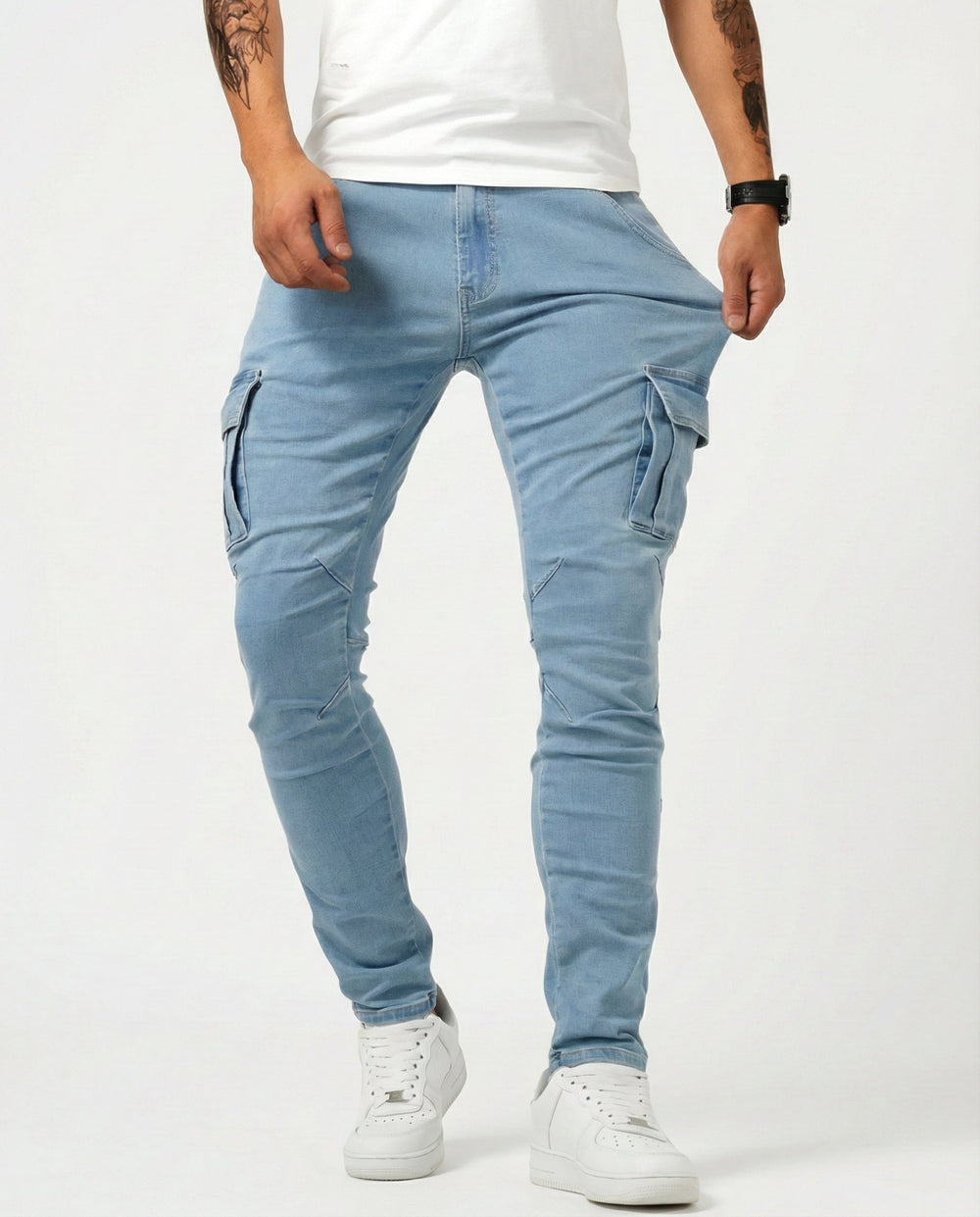 Herren Moderne Elastische Cargo-Hose Slim in Blau