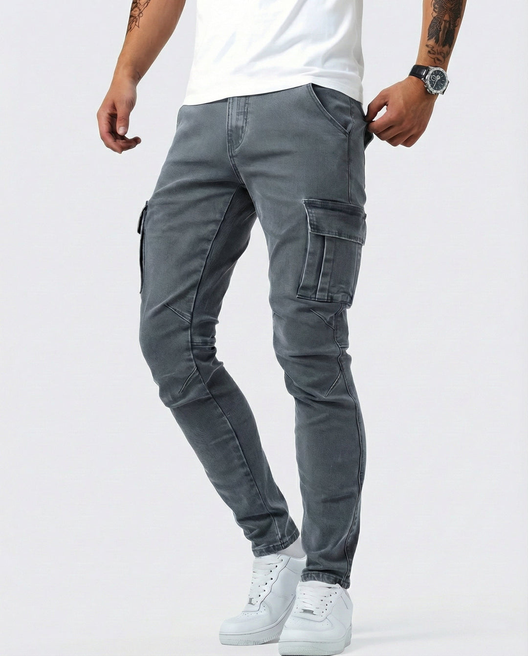 Herren Moderne Elastische Cargo-Hose Slim in Grau