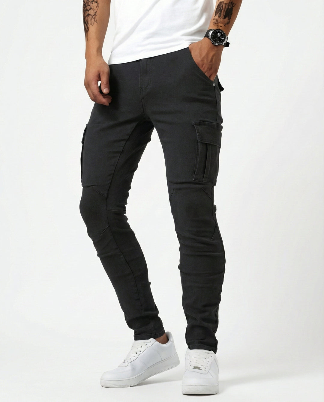 Herren Moderne Elastische Cargo-Hose Slim in Schwarz