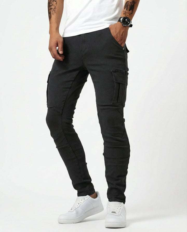 Herren Moderne Elastische Cargo-Hose Slim in Schwarz