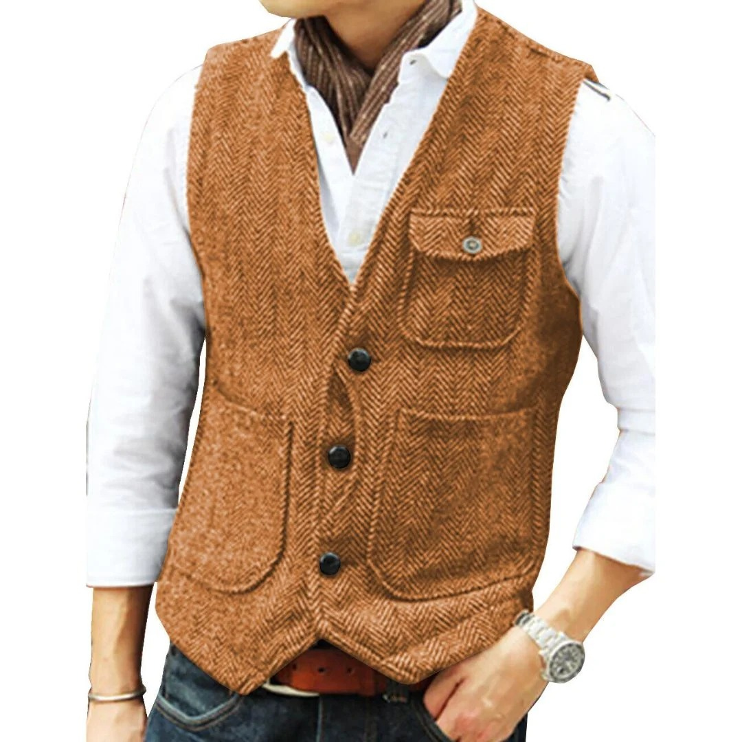 Herren Oktoberfest Trachtenweste mit Fischgratmuster in Orange