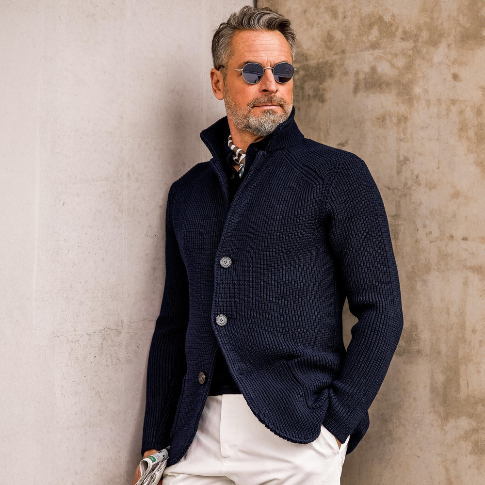Herren Pullover Waffel-Cardigan mit Stehkragen (2)