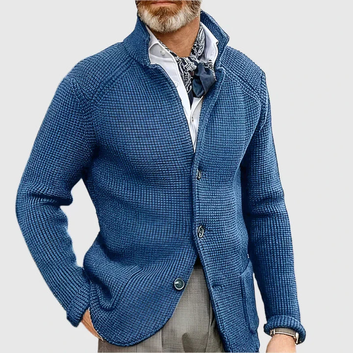 Herren Pullover Waffel-Cardigan mit Stehkragen in Blau
