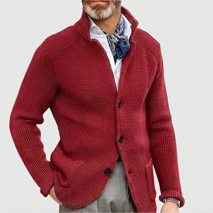 Herren Pullover Waffel-Cardigan mit Stehkragen in Bordeaux