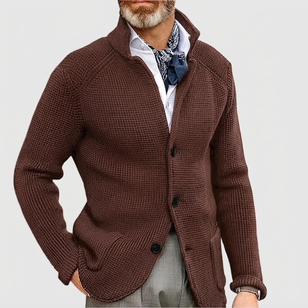 Herren Pullover Waffel-Cardigan mit Stehkragen in Braun