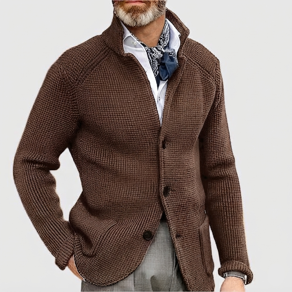 Herren Pullover Waffel-Cardigan mit Stehkragen in Chestnut