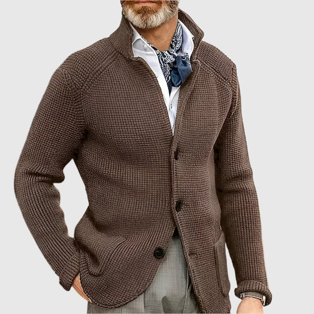 Herren Pullover Waffel-Cardigan mit Stehkragen in Coffee