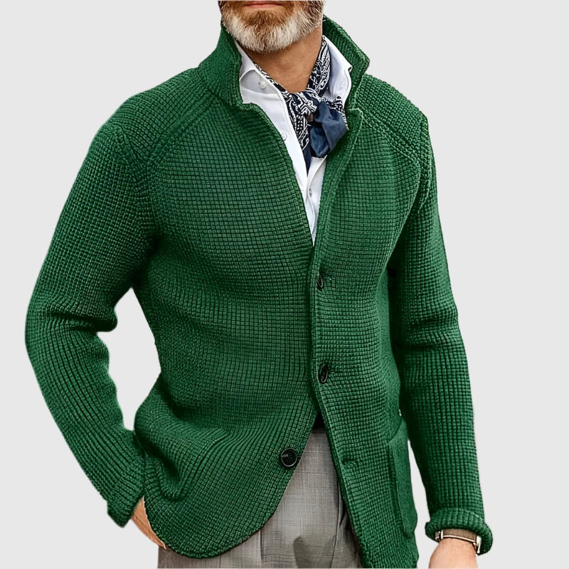 Herren Pullover Waffel-Cardigan mit Stehkragen in Emerald