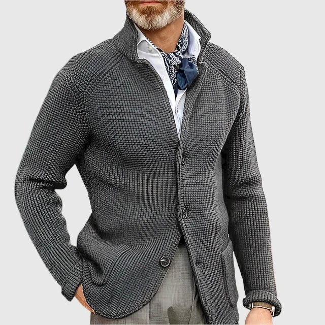 Herren Pullover Waffel-Cardigan mit Stehkragen in Grau