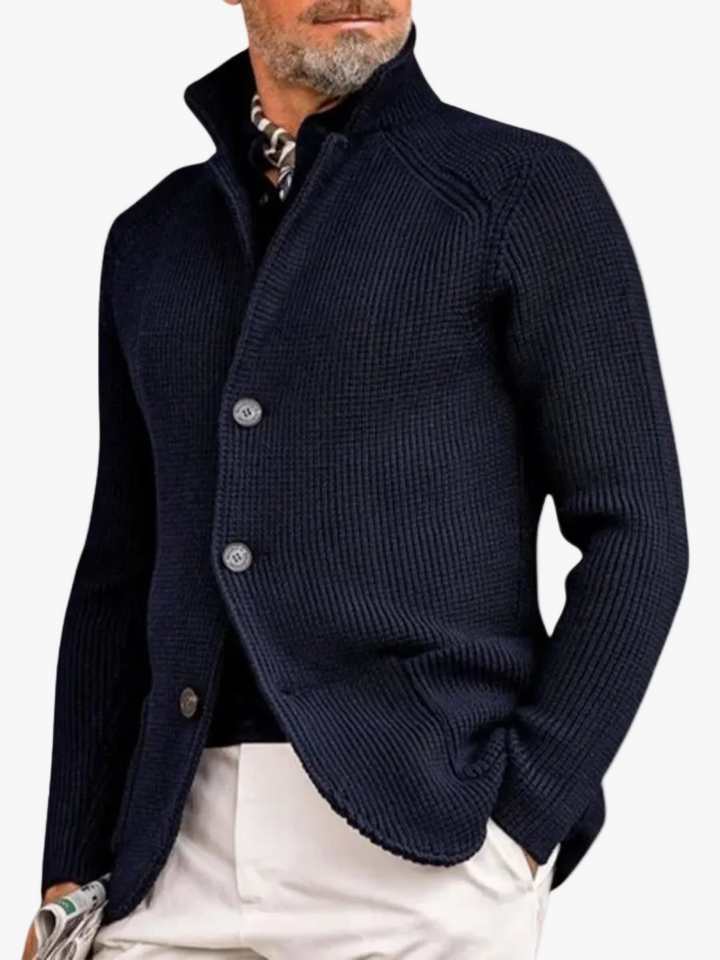 Herren Pullover Waffel-Cardigan mit Stehkragen in Marineblau