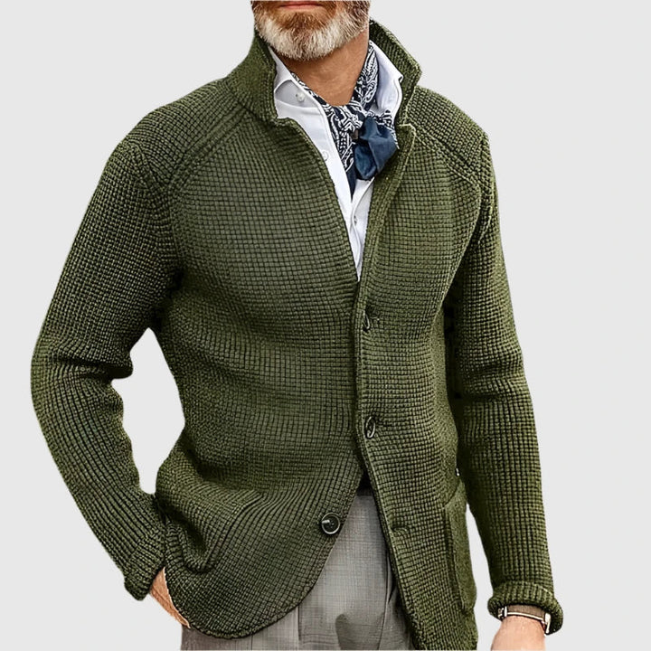 Herren Pullover Waffel-Cardigan mit Stehkragen in Olivgrün