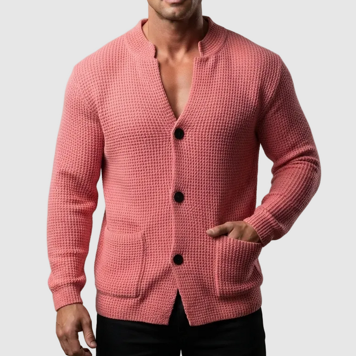 Herren Pullover Waffel-Cardigan mit Stehkragen in Rosa