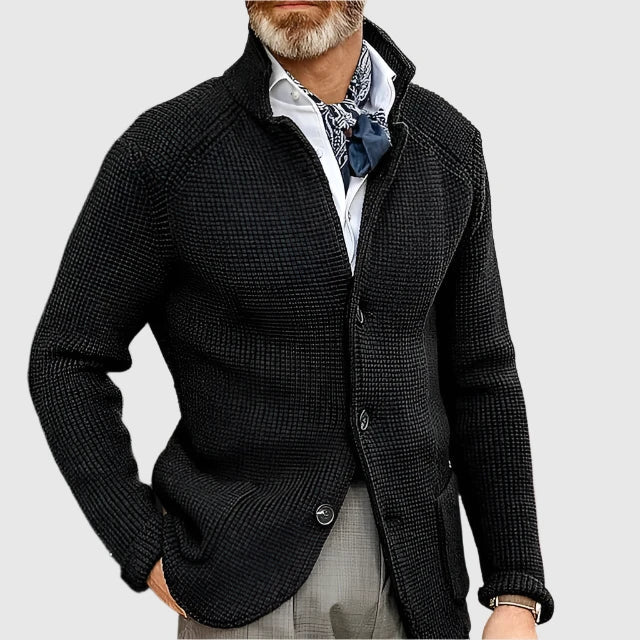Herren Pullover Waffel-Cardigan mit Stehkragen in Schwarz