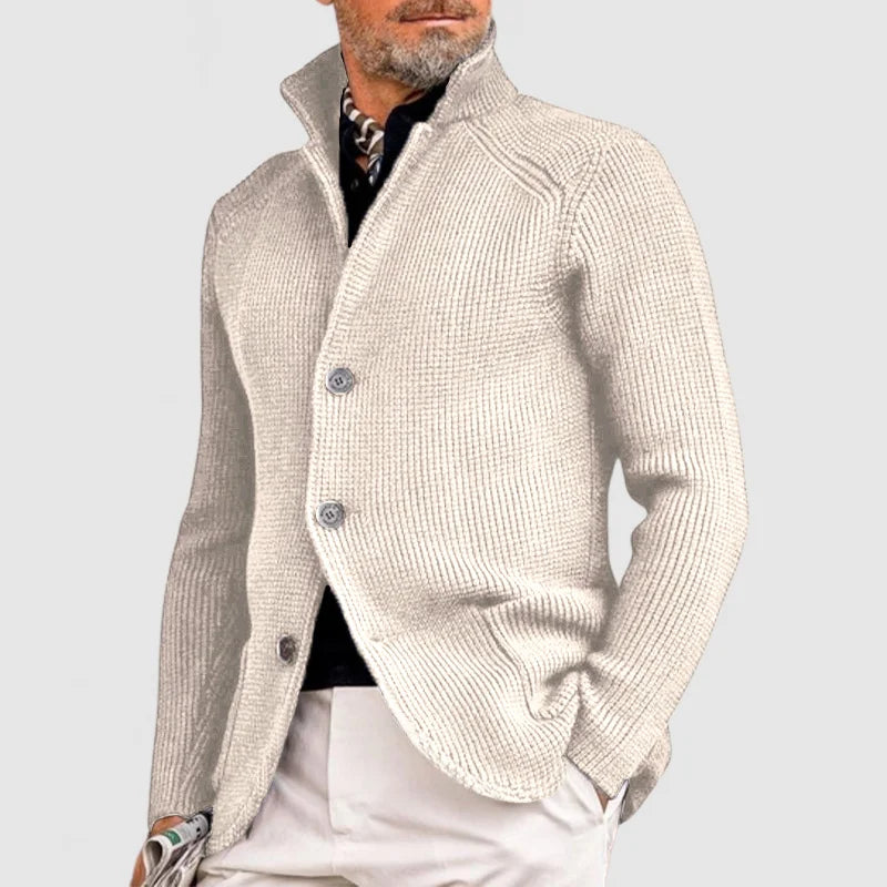 Herren Pullover Waffel-Cardigan mit Stehkragen in Weiß
