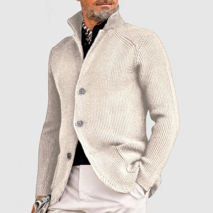 Herren Pullover Waffel-Cardigan mit Stehkragen in Weiß