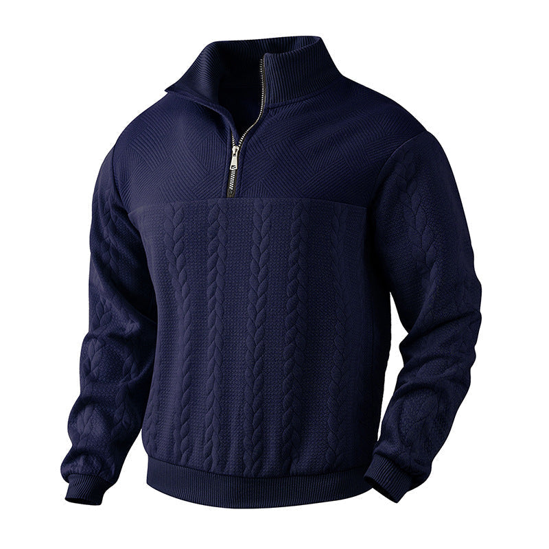 Herren Pullover Zopfstrick mit Viertelreißverschluss in Marineblau