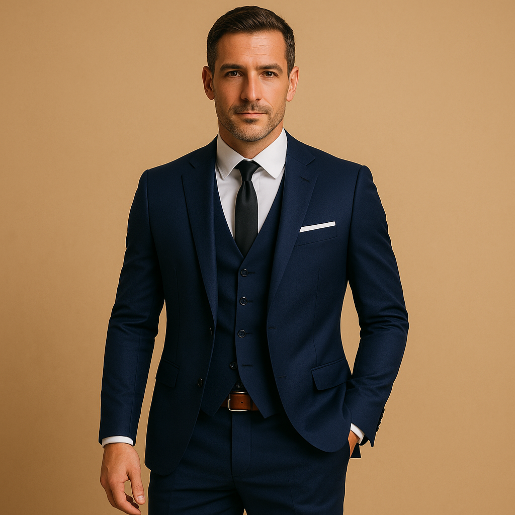 Herren Slim-Fit Dressanzug mit Jacke und Weste in Marineblau