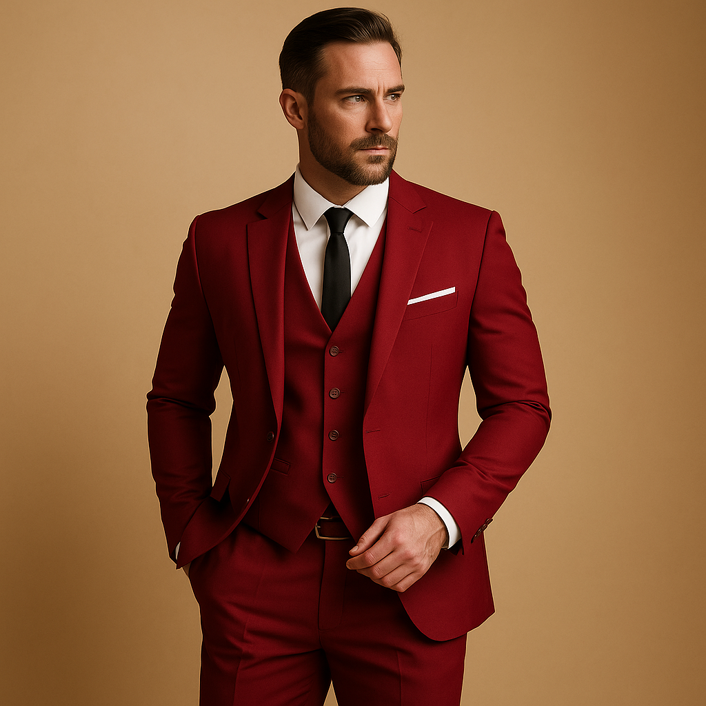 Herren Slim-Fit Dressanzug mit Jacke und Weste in Weinrot