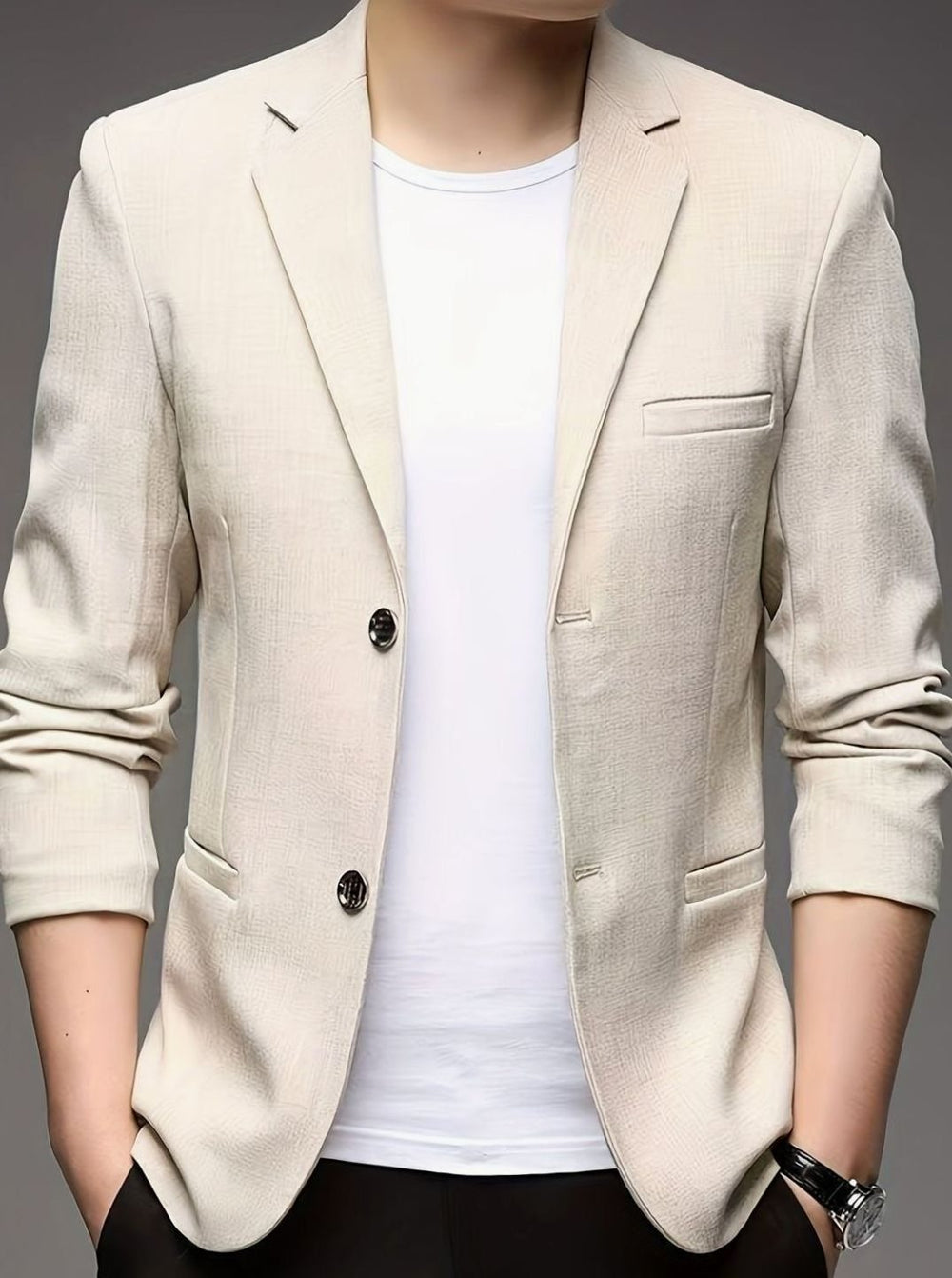 Herren Strukturierte Blazer-Jacke mit Revers-Kragen in Beige