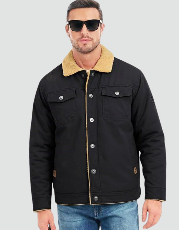 Herren Übergangsjacke aus Canvas mit Sherpa-Fütterung in Schwarz