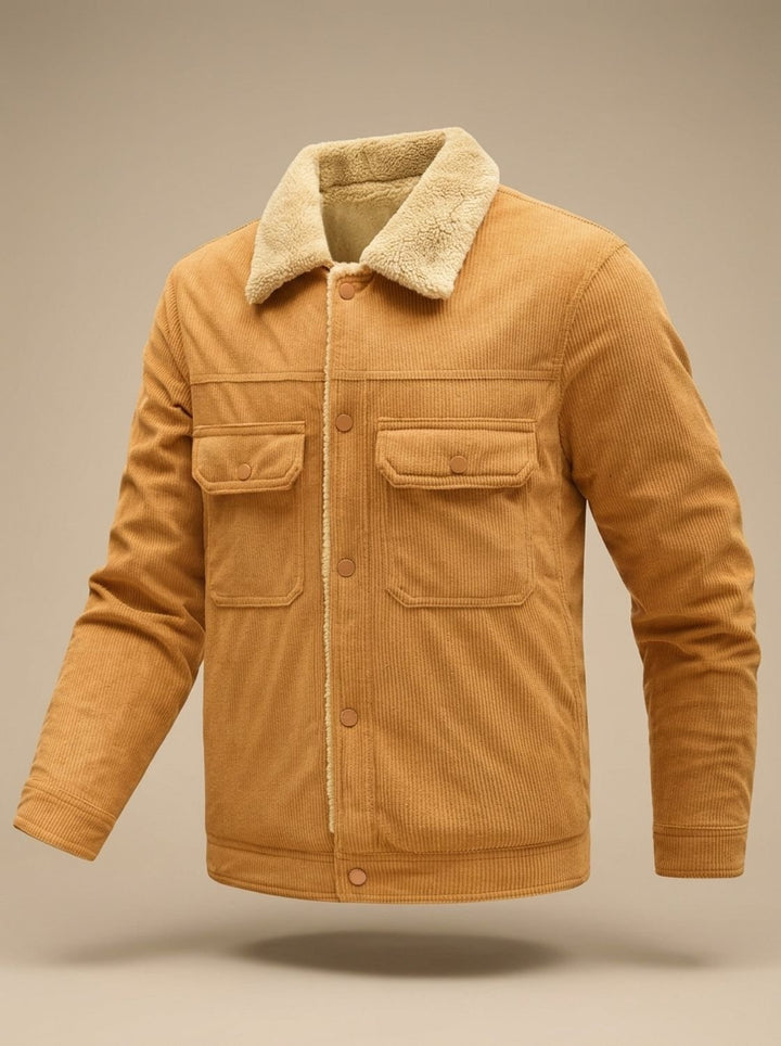 Herren Übergangsjacke aus Cord mit Sherpa-Futter in Caramel