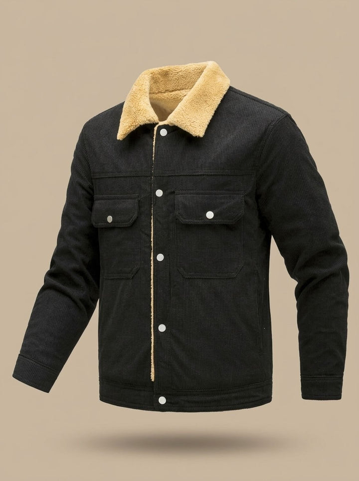 Herren Übergangsjacke aus Cord mit Sherpa-Futter in Schwarz